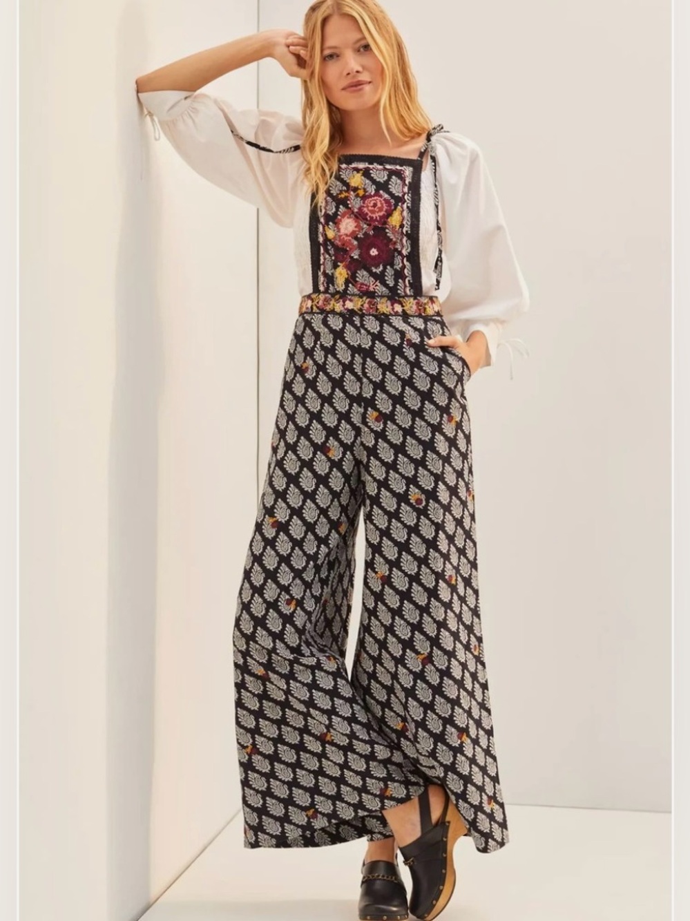 Anthropologie Embroidered Wide Leg Jumpsuit